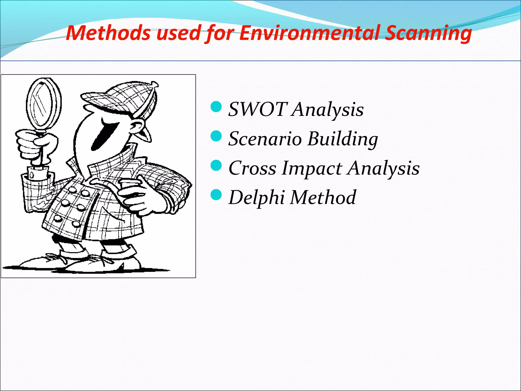 Methods used for Environmental Scanning
SWOT Analysis
Scenario Building
Cross Impact Analysis
Delphi Method
 