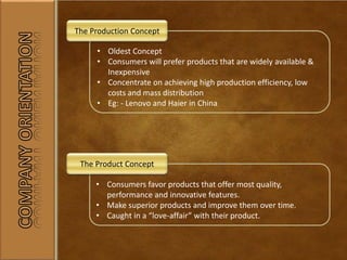 • Oldest Concept
• Consumers will prefer products that are widely available &
Inexpensive
• Concentrate on achieving high production efficiency, low
costs and mass distribution
• Eg: - Lenovo and Haier in China
The Production Concept
• Consumers favor products that offer most quality,
performance and innovative features.
• Make superior products and improve them over time.
• Caught in a “love-affair” with their product.
The Product Concept
 