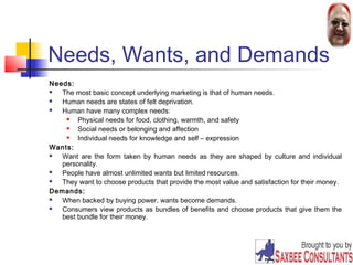 Needs, Wants, and Demands 
Needs: 
 The most basic concept underlying marketing is that of human needs. 
 Human needs are states of felt deprivation. 
 Human have many complex needs: 
7 
 Physical needs for food, clothing, warmth, and safety 
 Social needs or belonging and affection 
 Individual needs for knowledge and self – expression 
Wants: 
 Want are the form taken by human needs as they are shaped by culture and individual 
personality. 
 People have almost unlimited wants but limited resources. 
 They want to choose products that provide the most value and satisfaction for their money. 
Demands: 
 When backed by buying power, wants become demands. 
 Consumers view products as bundles of benefits and choose products that give them the 
best bundle for their money. 
 
