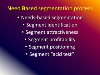 Need Based segmentation process
• Needs-based segmentation
• Segment identification
• Segment attractiveness
• Segment profitability
• Segment positioning
• Segment “acid test”
 
