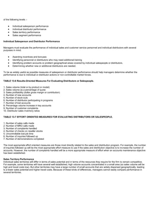 of the following levels :-
Individual salesperson performance
Individual distributor performance
Sales territory performance
Sales segment performance
Individual Salesperson and Distributor Performance
Managers must evaluate the performance of individual sales and customer service personnel and individual distributors with several
purposes in mind.
Awarding incentives and bonuses
Identifying personnel or distributors who may need additional training
Identifying problem accounts or problem geographical areas covered by individual salespeople or distributors.
Determining whether new or additional distributors are needed.
To be as widely useful as possible measures of salesperson or distributor performance should help managers determine whether the
performance is due to individual or distributor actions or non-controllable market forces.
TABLE 13-6 Results-Oriented Measures For Evaluating Distributors or Salespeople.
1. Sales volume (total or by product or model)
2. Sales volume as a percentage of quota
3. Sales profitability (dollar gross margin or contribution)
4. Number of new accounts
5. Number of stock-outs
6. Number of distributor participating in programs
7. Number of lost accounts
8. Percentage volume increase in key accounts
9. Number of customer complaints
10. Distributor sales inventory ratios
TABLE 13-7 EFFORT ORIENTED MEASURES FOR EVALUATING DISTRIBUTORS OR SALESPEOPLE.
1. Number of sales calls made
2. Number of MRO calls made
3. Number of complaints handled
4. Number of checks on reseller stocks
5. Uncontrollable lost job time
6. Number of inquiries followed up
7. Number of demonstrations completed
The most appropriate effort oriented measures are those most directly related to the sales and distribution program. For example, the number
of inquiries followed up will be the most appropriate effort measure to use if the sales and distribution objective is to increase the number of
accounts. However, the number of complaints handled will be a more appropriate measure of effort when an accounts maintenance objective
has been established.
Sales Territory Performance
Individual sales territories will differ in terms of sales potential and in terms of the resources they require for the firm to remain competitive.
For example, some territories will have several well established, high volume accounts concentrated in a small area (so sales volume will be
high and travel costs low). But other territories may have a large number of small accounts that are widely dispersed geographically. leading
to a lower sales potential and higher travel costs. Because of these kinds of differences, managers cannot easily compare performance in
several territories.
 