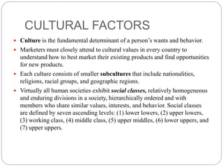 CULTURAL FACTORS
 Culture is the fundamental determinant of a person’s wants and behavior.
 Marketers must closely attend to cultural values in every country to
understand how to best market their existing products and find opportunities
for new products.
 Each culture consists of smaller subcultures that include nationalities,
religions, racial groups, and geographic regions.
 Virtually all human societies exhibit social classes, relatively homogeneous
and enduring divisions in a society, hierarchically ordered and with
members who share similar values, interests, and behavior. Social classes
are defined by seven ascending levels: (1) lower lowers, (2) upper lowers,
(3) working class, (4) middle class, (5) upper middles, (6) lower uppers, and
(7) upper uppers.
 
