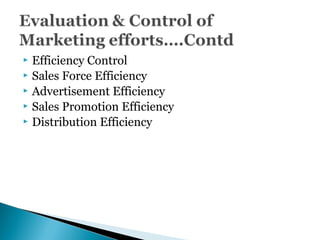  Efficiency Control
 Sales Force Efficiency
 Advertisement Efficiency
 Sales Promotion Efficiency
 Distribution Efficiency
 