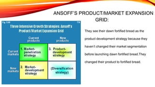 ANSOFF’S PRODUCT/MARKET EXPANSION
GRID:
They see their dawn fortified bread as the
product development strategy because they
haven’t changed their market segmentation
before launching dawn fortified bread.They
changed their product to fortified bread.
 