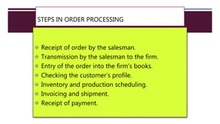 STEPS IN ORDER PROCESSING
 Receipt of order by the salesman.
 Transmission by the salesman to the firm.
 Entry of the order into the firm’s books.
 Checking the customer’s profile.
 Inventory and production scheduling.
 Invoicing and shipment.
 Receipt of payment.
 