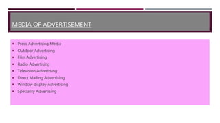 MEDIA OF ADVERTISEMENT
 Press Advertising Media
 Outdoor Advertising
 Film Advertising
 Radio Advertising
 Television Advertising
 Direct Mailing Advertising
 Window display Advertising
 Speciality Advertising
 