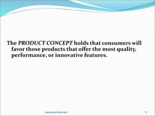 The PRODUCT CONCEPT holds that consumers will
favor those products that offer the most quality,
performance, or innovative features.
www.aravindts.com 11
 