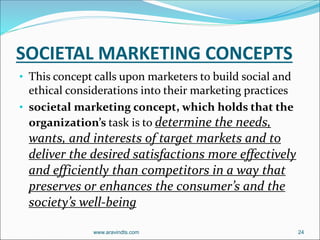 SOCIETAL MARKETING CONCEPTS
• This concept calls upon marketers to build social and
ethical considerations into their marketing practices
• societal marketing concept, which holds that the
organization’s task is to determine the needs,
wants, and interests of target markets and to
deliver the desired satisfactions more effectively
and efficiently than competitors in a way that
preserves or enhances the consumer’s and the
society’s well-being
www.aravindts.com 24
 
