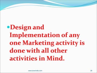 Design and
Implementation of any
one Marketing activity is
done with all other
activities in Mind.
www.aravindts.com 28
 
