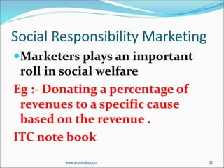 Social Responsibility Marketing
Marketers plays an important
roll in social welfare
Eg :- Donating a percentage of
revenues to a specific cause
based on the revenue .
ITC note book
www.aravindts.com 32
 
