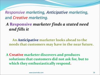 Responsive marketing, Anticipative marketing,
and Creative marketing.
A Responsive marketer finds a stated need
and fills it
An Anticipative marketer looks ahead to the
needs that customers may have in the near future.
A Creative marketer discovers and produces
solutions that customers did not ask for, but to
which they enthusiastically respond.
www.aravindts.com 34
 