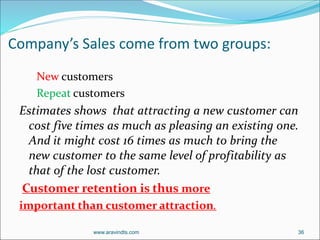Company’s Sales come from two groups:
New customers
Repeat customers
Estimates shows that attracting a new customer can
cost five times as much as pleasing an existing one.
And it might cost 16 times as much to bring the
new customer to the same level of profitability as
that of the lost customer.
Customer retention is thus more
important than customer attraction.
www.aravindts.com 36
 