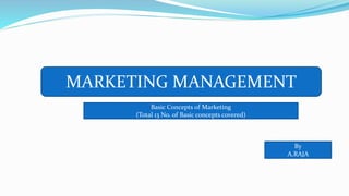 MARKETING MANAGEMENT
By
A.RAJA
Basic Concepts of Marketing
(Total 13 No. of Basic concepts covered)
 