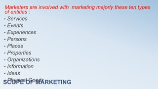 SCOPE OF MARKETING
Marketers are involved with marketing majorly these ten types
of entities :
• Services
• Events
• Experiences
• Persons
• Places
• Properties
• Organizations
• Information
• Ideas
• Physical Goods
 