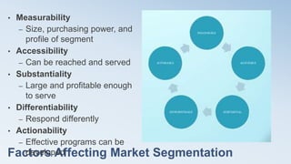 Factors Affecting Market Segmentation
• Measurability
– Size, purchasing power, and
profile of segment
• Accessibility
– Can be reached and served
• Substantiality
– Large and profitable enough
to serve
• Differentiability
– Respond differently
• Actionability
– Effective programs can be
developed
 