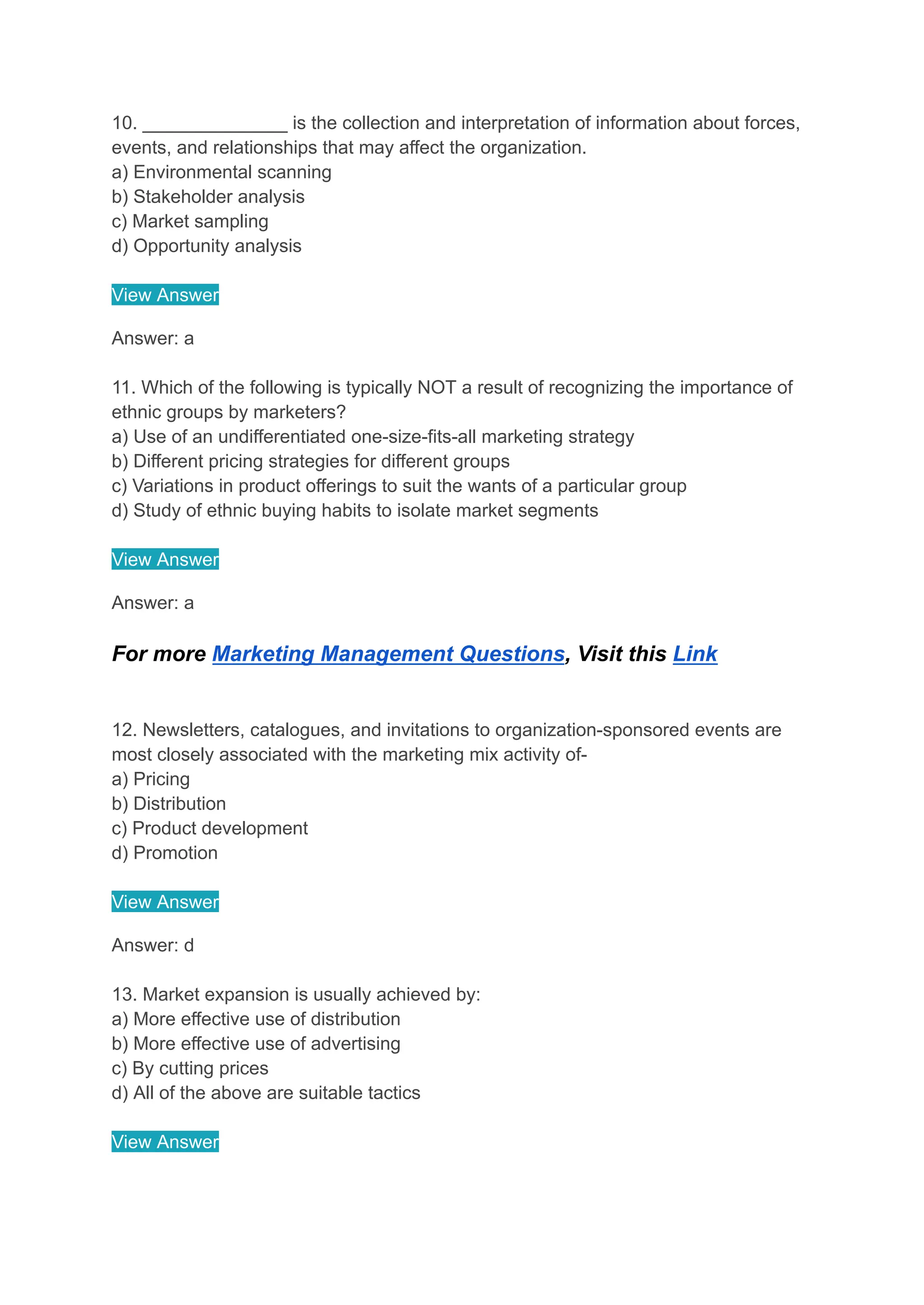 Marketing Management Questions and Answers | PDF