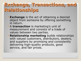Exchange, Transactions, and
Exchange, Transactions, and
Relationships
Relationships
 Exchange is the act of obtaining a desired
object from someone by offering something
in return.
 A transaction is marketing’s unit of
measurement and consists of a trade of
values between two parties.
 Relationship marketing builds relationships
with valued customers, distributors, dealers,
and suppliers by promising and consistently
delivering high-quality products, good
service, and fair prices.
18
 