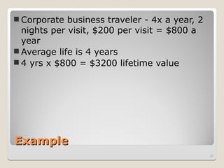 Example
Example
 Corporate business traveler - 4x a year, 2
nights per visit, $200 per visit = $800 a
year
 Average life is 4 years
 4 yrs x $800 = $3200 lifetime value
20
 