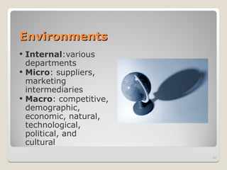 Environments
Environments
 Internal:various
departments
 Micro: suppliers,
marketing
intermediaries
 Macro: competitive,
demographic,
economic, natural,
technological,
political, and
cultural
54
 