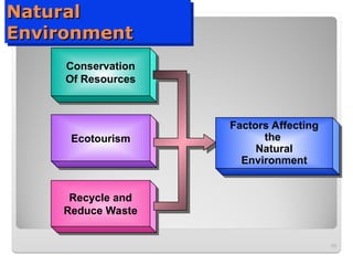 Natural
Natural
Environment
Environment
59
Conservation
Of Resources
Ecotourism
Recycle and
Reduce Waste
Factors Affecting
the
Natural
Environment
 