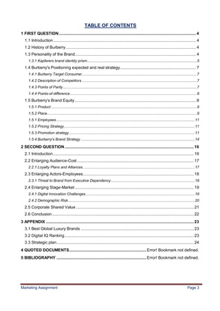 3

                                                       TABLE OF CONTENTS
1 FIRST QUESTION ....................................................................................................................... 4
  1.1 Introduction ............................................................................................................................ 4
  1.2 History of Burberry ................................................................................................................. 4
  1.3 Personality of the Brand......................................................................................................... 4
     1.3.1 Kapferers brand identity prism ....................................................................................................... 5
  1.4 Burberry's Positioning expected and real strategy.................................................................. 7
     1.4.1 Burberry Target Consumer ............................................................................................................ 7
     1.4.2 Description of Competitors ............................................................................................................ 7
     1.4.3 Points of Parity .............................................................................................................................. 7
     1.4.4 Points-of-difference ....................................................................................................................... 8
  1.5 Burberry's Brand Equity ......................................................................................................... 8
     1.5.1 Product ......................................................................................................................................... 9
     1.5.2 Place............................................................................................................................................. 9
     1.5.1 Employees .................................................................................................................................. 11
     1.5.2 Pricing Strategy........................................................................................................................... 11
     1.5.3 Promotion strategy ...................................................................................................................... 11
     1.5.4 Burberry's Brand Strategy ........................................................................................................... 14

2 SECOND QUESTION ................................................................................................................ 16
  2.1 Introduction .......................................................................................................................... 16
  2.2 Enlarging Audience-Cost ..................................................................................................... 17
     2.2.1 Loyalty Plans and Alliances ......................................................................................................... 17
  2.3 Enlarging Actors-Employees ................................................................................................ 18
     2.3.1 Threat to Brand from Executive Dependency ............................................................................... 18
  2.4 Enlarging Stage-Market ....................................................................................................... 19
     2.4.1 Digital Innovation Challenges ...................................................................................................... 19
     2.4.2 Demographic Risk ....................................................................................................................... 20
  2.5 Corporate Shared Value ...................................................................................................... 21
  2.6 Conclusion ........................................................................................................................... 22
3 APPENDIX ................................................................................................................................ 23
  3.1 Best Global Luxury Brands .................................................................................................. 23
  3.2 Digital IQ Ranking ................................................................................................................ 23
  3.3 Strategic plan ....................................................................................................................... 24
4 QUOTED DOCUMENTS ................................................................... Error! Bookmark not defined.
5 BIBLIOGRAPHY .............................................................................. Error! Bookmark not defined.




Marketing Assignment                                                                                                                                Page 3
 