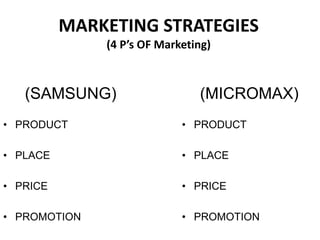 MARKETING STRATEGIES
(4 P’s OF Marketing)
(SAMSUNG)
• PRODUCT
• PLACE
• PRICE
• PROMOTION
(MICROMAX)
• PRODUCT
• PLACE
• PRICE
• PROMOTION
 