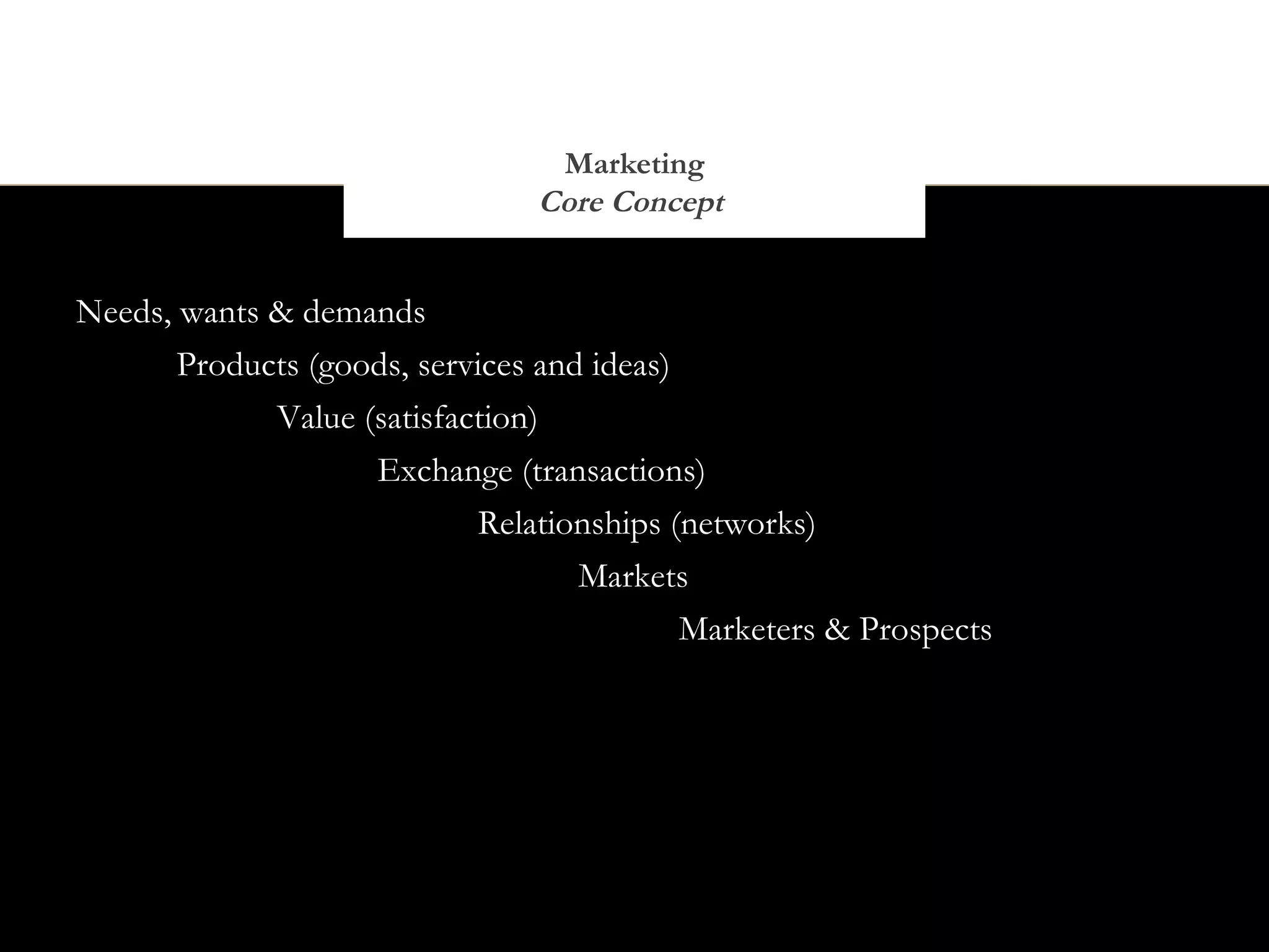 Marketing
                                Core Concept


Needs, wants & demands
       Products (goods, services and ideas)
             Value (satisfaction)
                    Exchange (transactions)
                             Relationships (networks)
                                    Markets
                                            Marketers & Prospects
 