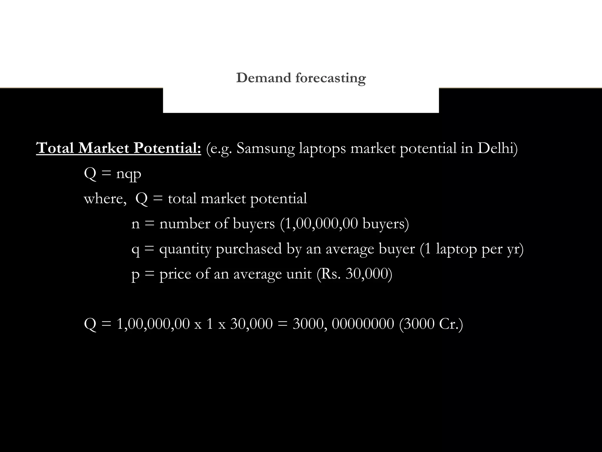 Demand forecasting



Total Market Potential: (e.g. Samsung laptops market potential in Delhi)
      Q = nqp
      where, Q = total market potential
             n = number of buyers (1,00,000,00 buyers)
             q = quantity purchased by an average buyer (1 laptop per yr)
             p = price of an average unit (Rs. 30,000)


       Q = 1,00,000,00 x 1 x 30,000 = 3000, 00000000 (3000 Cr.)
 