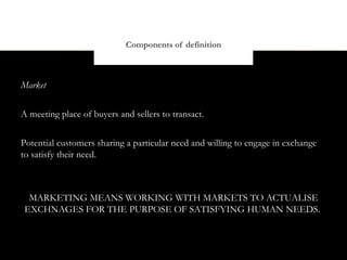 Components of definition



Market


A meeting place of buyers and sellers to transact.


Potential customers sharing a particular need and willing to engage in exchange
to satisfy their need.



  MARKETING MEANS WORKING WITH MARKETS TO ACTUALISE
 EXCHNAGES FOR THE PURPOSE OF SATISFYING HUMAN NEEDS.
 