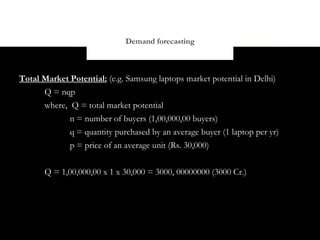 Demand forecasting



Total Market Potential: (e.g. Samsung laptops market potential in Delhi)
      Q = nqp
      where, Q = total market potential
             n = number of buyers (1,00,000,00 buyers)
             q = quantity purchased by an average buyer (1 laptop per yr)
             p = price of an average unit (Rs. 30,000)


       Q = 1,00,000,00 x 1 x 30,000 = 3000, 00000000 (3000 Cr.)
 