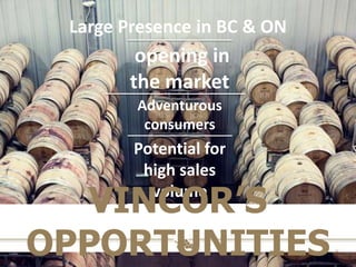 Large Presence in BC & ON opening in the marketAdventurous consumersPotential for high sales volumeVINCOR’S OPPORTUNITIES