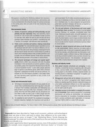 GATHERING INFORMATION AND SCANNING THE ENVIROIJMENT

CHAPTER 3

73

r----.--------------------------~--------------------.

MARKETING

EMO	

TRENDS SHAPING THE BUSINESS LANDSCAPE


Management consulting firm McKinsey believes that macroeco­
nomic factors, environmental and social issues, and business and
industry developments will profoundly shape the business landscape
in the coming years, Here are some of the main trends they have
highlighted,
Macroeconomic trends
1.	 Centers of economic activity will shift profoundly, not just
globally, but also regionally. Today, Asia (excluding Japan)
accounts for 13% of world GOP, and Western Europe accounts
for more than 30%. Within the next 20 years the two will nearly
converge. Some industries and functions-manufacturing and
IT services, for example-will shift even more dramatically.
2.	 Public-sector activities will balloon, making productivity
gains essential. The unprecedented aging of populations across
the developed world will call for new levels of efficiency and cre­
ativity from the public sector, Many emerging-market governments
will also have to decide what level of social services to provide to
citizens who increasingly dema~d state-provided pmtections such
as healll care and retirement security. Private-sector approaches
will likely become pervasive in the provision of social services.

well-trained talent. The 33 million university-educated young pro­
fessionals in developing countries is more than double the num­
ber in developed ones, For many companies and governments,
global labor and talent strategies will become as important as
global sourcing and manufacturing strategies,
6.	 The role and behavior of big business will come under
increasingly sharp scrutiny. The tenets of current global
business ideology-for example, shareholder value, free
trade, intellectual-property rights, and profit repatriation-are
not understood, let alone accepted, in many parts of the
world. Business leaders need to argue and demonstrate more
forcefully the intellectual, social, and economic case for busi­
ness in society and the massive contributions business makes
to social welfare.

7. Demand for natural resources will grow, as will the strain
on the environment. Natural resources are being used at
unprecedented rates. Oil demand is projected to grow by 50% in
the next two decades, and without large new discoveries or radi­
cal innovations, supply is unlikely to keep up. Water shortages will
be the key constraint to growth in many countries. And one of our
scarcest natural resources-the atmosphere-will require dra­
matic shifts in human
3.	 The consumer landscape will change and expand signifi­ behavior to escape further depletion.
cantly. Almost a billion new consumers will enter the global
Business and industry trends
marketplace in the next decade as economic growth in emerg­
ing markets puslles llem beyond the threshold level of $5,000
8. New global industry structures are emerging. In many
in annual hOLisehold income-a point when people generally
industries, a barbell-like structure is appearing, with a few giants
begin to spend on discretionary goods. Shifts within consumer
on top, a narrow middle, and then a flourish of smaller, fast­
segments in developed economies will also be profound. For
moving players on the bottom. Similarly, corporate borders are
example, by 2015 the Hispanic population in the United States
becoming blurrier as interlinked "ecosystems" of suppliers, pro­
will have spending power equivalent to that of 60% of all
ducers, and customers emerge.
Chinese consumers.
9.	 Management will go from art to science. Long gone is the
Social and environmental trends
4.	 Technological connectivity will transform the way people live and
interact. More transformational than technology itself is the shift
in behavior that it enables, Communities and relationships are
being formed in new ways (12% of U.S. newlyvlJeds in 2005 met
online). More than two billion people now use cell phones and
nine trillion e-mails are sent a year. A billion Google searches
occur every day, more Ulan half in languages other than English.
5.	 TlJe battlefield for talent will shift. The movement to knovvledge­
intensive industries highlights the importance and scarcity of

day of the "gut instinct" management style. Today's business
leaders are adopting algorithmic decision-making techniques and
using highly sophisticated software to run their organizations.
Scientific management is becoming the ante that gives compa­
nies the right to play the game.

10. Ubiquitous access to information is changing the econom­
ics of knowledge. Open-source approaches to knowledge
development are arising as communities, not individuals,
become responsible for innovations. Knowledge production
itself is growing: worldwide patent applications, for example,
rose from 1990 to 2004 at a rate of 20% annually,

:	 Source: Ian Davis and Elizabeth Stephenson, "Ten Trends to Watch in 2006," McKinsey Quarterly (January 2006). Used with permission from McKinsey & Company.
L

Megatrends have been described as "large social, economic, political, and technological

changes [that] are slow to form, and once in place, they influence us for some time­ 

between seven and ten years, or longer."23 See "Marketing Memo: Trends Shaping the

Business Landscape" for a look into some of the broad forces that are likely to come into play

during the next decade or so.

Anew market opportunity doesn't guarantee success, even if the product is technically

feasible. For example, some companies sell portable "electronic books" or "e-books"; but

I

 