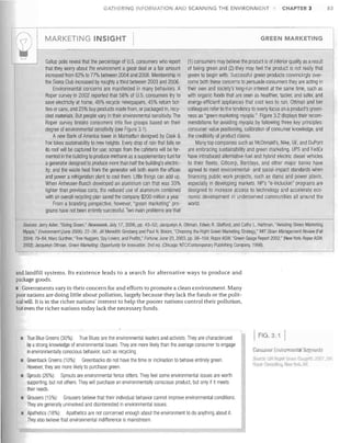 GATHERING INFORMATION AI'lD SCANNING THE ENVIRONMENT

~I

MARKETING INSIGHT	
..

83

GREEN MARKETING

I

Gallup polls reveal that the percentage of U.S. consumers who report
that they worry about the environment a great deal or a fair amount
increased from 62% to 77% between 2004 and 2006. Membership in
the Sierra Club increased by roughly a third between 2003 and 2006
Environmental concerns are manifested in many behaviors. A
Roper survey in 2002 reported that 58% of U.S. consumers try to
save electricity at home, 46% recycle newspapers, 45% return botties or cans, and 23% buy products made from, or packaged in, recy­
cled materials. But people vary in their environmental sensitivity. The
Roper survey breaks consumers into five groups based on their
degree of environmental sensitivity (see Figure 3.1).
A new Bank of America tower in Manhattan designed by Cook &
Fox takes sustainability to new heights. Every drop of rain that falls on
its roof will be captured for use; scraps from the cafeteria will be fer­
mented in the building to produce methane as a supplementary fuel for
a generator designed to produce more than half the building's electric­
ity; and the waste heat from the generator will both warm the offices
and power a refrigeration plant to cool them. Little things can add up.
When Anheuser-Busch developed an aluminum can that was 33%
lighter than previous cans, the reduced use of aluminum combined
with an overall recycling plan saved the company $200 million a year.
From a branding perspective, however, "green marketing" pro­
grams have not been entirely successful. Two main problems are that

CHAPTER 3

(1) consumers may believe the product is of inferior quality as a result
of being green and (2) they may feel the product is not really that
green to begin with. Successful green products convincingly over­
come both these concerns to persuade consumers they are acting in
tlleir own and society's long-run interest at the same time, such as
with organic foods that are seen as healthier, tastier, and safer, and
energy-efficient appliances that cost less to run. Ottman and her
colleagues refer to the tendency to overly focus on a product's green­
ness as "green marketing myopia." Figure 3.2 displays their recom­
mendations for avoiding myopia by following three key principles:
consumer value positioning, calibration of consumer knowledge, and
the credibility of product claims
Many top companies such as McDonald's, Nike, GE, and DuPont
are embracing sustainability and green marketing. UPS and FedEx
have introduced alternative-fuel and hybrid electric diesel vehicles
to their fleets. Citicorp, Barclays, and other major banks have
agreed to meet environmental- and social-impact standards when
financing public work projects, such as dams and power plants,
especially in developing markets. HP's "e-inclusion" programs are
designed to increase access to technology and accelerate eco­
nomic development in underserved communities all around the
world.

-_.. _._, ...
..
Sources: Jerry Adler, "Going Green," Newsweek, July 17, 2006, pp. 43-52: Jacquelyn A. Ottman, Edwin R. Stafford, and Cathy L. Hartman, "Avoiding Green Marketing
Myopia," Environment (June 2006): 22-36; Jill Mereditll Ginsberg and Paul N. Bloom, "Choosing the Right Green Marketing Strategy," MIT Sloan Management Review (Fall
2004): 79-84; Marc Gunther, "Tree Huggers, Soy Lovers, and Profits," Fortune, June 23, 2003, pp. 98-104; Roper ASW, "Green Gauge Report 2002," (New York: Roper ASW,
2002); Jacquelyn Ottman, Green Marketing: Opportunity for Innovation, 2nd ed. (Chicago: NTC/Conlemporary Publishing Company, 1998).
_
~
_

and landfill systems. Its existence leads to a search for alternative ways to produce and
package goods.
• Governments vary in their concern for and efforts to promote a clean environment. Many
poor nations are doing little about pollution, largely because they lack the funds or the polit­
ieal will. It is in the richer nations' interest to help the poorer nations control their pollution,
but even the richer nations today lack the necessary funds.

•	 True Blue Greens (30%): True Blues are the environmental leaders and activists. They are characterized
by astrong knowledge of environmental issues. They are more likely than the average consumer to engage
in environmentally conscious behavior, such as recycling.
Greenback Greens (10%): Greenbacks do not have the time or inclination to behave entirely green.
However, they are more likely to purchase green.
•	 Sprouts (26%): Sprouts are environmental fence sitters. They feel some environmental issues are worth
supporting, but not others. They will purchase an environmentally conscious product, but only if it meets
their needs.
•	 Grousers (15%): Grousers believe that their individual behavior cannot improve environmental conditions.
They are generally uninvolved and disinterested in environmental issues.
•	 Apathetics (18%): Apathetics are not concerned enough about the environment to do anythirig about it.
They also believe that environmental indifference is mainstream.

, FIG.3.1

I

Consumer EnVironmental Sv9n enls
Swrr:p.l.ili< Rop r Grc~n Gauge',]'. 2.007, dl
r!Ollfli

COl1Sllllil·j. New Yorl,, NY.

 