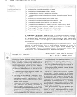 108

PART 2

CAPTURING MARKETING iNSIGHTS

--;

TABLE 4.5
Sample Customer-Pertormance
Scorecard Measures

•	 Percentage of new customers to average number of customers
•	 Percentage of lost customers to average number of customers
•	 Percentage of win-back customers to average number of customers
•	 Percentage of customers falling into very dissatisfied, dissatisfied, neutral, satisfied, and very satisfied

categories

•	 Percentage of customers who say they would repurchase the product
•	 Percentage of customers who say they would recommend the product to others
•	 Percentage of target market customers who have brand awareness or recall
•	 Percentage of customers who say that the company's product is the most preferred in its category
•	 Percentage of customers who correctly identify the brand's intended positioning and differentiation
•

Average perception of company's product quality relative to chief competitor


i2i

Average perception of company's service quality relative to chief competitor


• A stakeholder-performance scorecard tracks the satisfaction of various constituen­
cies who have a critical interest in and impact on the company's performance: employ­
ees, suppliers, banks, distributors, retailers, and stockholders. Again, management
should take action when one or more groups register increased or above-norm levels of
dissa tisfaction. 50
Some executives worry that they'll miss the big picture if they focus too much on a set of
numbers on a dashboard. Some critics are concerned about privacy and the pressure the
technique places on employees. But most experts feel the rewards offset the risks. 51
"Marketing Insight: Marketing Dashboards to Improve Effectiveness and Efficiency" pro­
vides practical advice about the development of these marketing tools.

·~I
~




(~)

MARKETING INSIGHT

,

Marketing consultant Pat LaPointe sees marketing dashboards as
providing all the up-to-the-minute information necessary to run the
business operations for a company-such as sales versus forecast,
distribution channel effectiveness, brand equity evolution, and
human capital development. According to LaPointe, an effective
dashboard will focus thinking, improve internal communications,
and reveal where marketing investments are paying off and where
they aren't.
LaPointe observes four common measurement "pathways" mar­
keters are pursuing today (see Figure 42),
•	 The customer metrics pathway looks at how prospects become
customers, from awareness to preference to trial to repeat pur­
chase, Many companies track progression through a "hierarchy
of effects" model to follow the evolution of broad market potential
to specific revenue opportunities,
•	 The unit metrics pathway reflects what marketers know alJout
sales of product/service units-how much is sold by product line
and/or by geography; tile marketing cost per unit sold as an effi­
ciency yardstick; and where and how margin is optimized in terms
of characteristics of the product line or distribution channel.
•	 The cash-flow metrics pathway focuses on how well marketing
expenditures are achieving short-term returns, Program and

MARKETING DASHBOARDS TO IMPROVE
EFFECTIVENESS AND EFFICIENCY

campaign ROI models measure the immediate impact or net
present value of profits expected from a given investment.

I

•	 The brand metrics pathway tracks the development of the longerterm impact of marketing through brand equity measures that
assess both the perceptual health of the brand from customer
and prospective customer perspectives as well as the overall
financial health of the brand,

I

LaPointe feels a marketing dashboard can present insights from
all the patl1ways in a graphically related view that helps manage­
ment see subtle links between them. Awell-constructed dashlJoard
can have a series of "tabs" that allow the user to toggle easily
between different "families" of metrics organized by customer,
product, experience, brand, channels, efficiency, organizational
development, or macroenvironmental factors. Each tab presents
the three or four most insightful metrics, with data filtered by busi­
ness unit, geography, or customer segment IJased upon the users'
needs, (See Figure 4.3 for example.)
Ideally, the number of metrics presented in the marketing dash­
board would be reduced to a handful of key drivers over time.
Important, the process of developing and refining the marketing
dasl1board will undoubtedly raise and resolve many key questions
about the business,

I

i

I
I

i

j

 