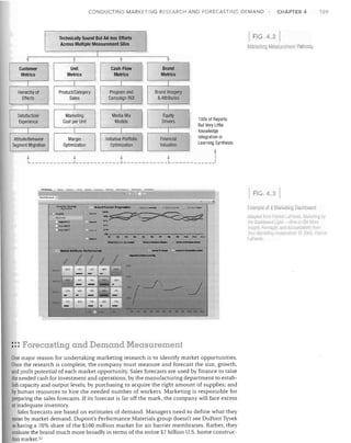 CHAPTER 4

CONDU TING MARI<ETING RESEARCH AND FORECASTiNG DEMAND

109

I FIG. 4.2

Technically Sound But Ad-hoc Efforts
Across Multiple Measurement Silos

Marketino Measurement athway

I

f

t

t

f

Customer
Metrics

Unit
Metrics

Cash-Flow
Metrics

I

I

I	

I

Hierarchy of
Effects

ProducVCategory
Sales

Program and
Campaign ROI

Brand Imagery

& Attributes


II

Brand

Metrics


I

I

I

I


Satisfaction/
Experience

Marketing
Cost per Unit

Media Mix
Models

Equity

Drivers

I

I

I

I	

Attitude/Behavior
Segment Migration

Margin
Optimization

Initiative Portfolio
Optimization

Financial
Valuation

1ODs of Reports
But Very Little
Knowledge

Integration or

Learning Synthesis

L
•

Jj.

j.	

L
j.

J+
I

II

~

......

~

_

-

-.-..

FIG . .3

...... ~........ D


_
.
_.

Example of a Mark ling Dashboard

~~'	

-­	

'::~---r-~:,......-:2.	
eo,·
~
~

•

,....	
1110"·

c

... ---------------..-,­
m "I
n

"nd_~

~

~

~

N

~

n

N

"

~J

.....

:: : Forecasting and Demand Measurement
One major reason for undertaking marketing research is to identify market opportunities.
Once the research is complete, the company must measure and forecast the size, growth,
and profit potential of each market opportunity. Sales forecasts are used by finance to raise
the needed cash for investment and operations; by the manufacturing department to estab­
lish capacity and output levels; by purchasing to acquire the right amount of supplies; and
by human resources to hire the needed number of workers. Marketing is responsible for
preparing the sales forecasts. If its forecast is far off the mark, the company will face excess
or inadequate inventory.
Sales forecasts are based on estimates of demand. Managers need to define what they
mean by market demand. Dupont's Performance Materials group doesn't see DuPont Tyvek
as haVing a 70% share of the $100 million market for air barrier membranes. Rather, they
evaluate the brand much more broadly in terms of the entire $7 billion U.S. home construc­
tion market. 52

AtiaiJI"d

111111

·alricy. L IrOlflt~, 1',Jln,ormn IN

file Dasilbol1!(J u{jiJi /-IO!:I j, 1;"/ M,)r~.
ii!'~f1111. r;n·'si7111• .1l1dAr:,::jll/ll.,/lilll; from
vC111 M,JlK(.'Il/llj IIWc:,IrTW, I.." ,"J?( l'i. 1',11111 (
iJJl'OIL lJ.

 