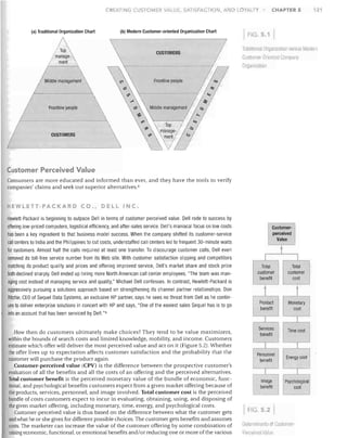CREATING CUSTOMER VALUE, SATISFACTION, AI D LOYALTY

(a) Traditional Organization Chart

(b) Modern Customer-oriented Organization Chart

;(~

/

I



I-

/

I

I

~ll_/

Frontline people

 


/

/



Middle management 

/

/



CUSTOMERS





Frontline people

II







.....




CUSTOMERS

/

<:-
<1''

/,

0 

Middle management / /





OrOJnlzaboll

'" /

~/

.p

~
ma~o:ge_ /

<1'  ' 

<;) /

l_"/
/,"'/

I

«'


Customer· 01 iented COIIlPWIY

//~/

 ~ 


Traditional Olqanimtioll vel sus Model11

I/'v/



ment

1/

121

FIG. 51

/

~

/manage-

ment 


,
/



CHAPTER 5

/ .:::> /

e" /

 /L/

Customer Perceived Value
Consumers are more educated and informed than ever, and they have the tools to verify
companies' claims and seek out superior alternatives. s

HEWLETT-PACKARD CO., DELL INCHewlett-Packard is beginning to outpace Dell in terms of customer perceived value. Dell rode to success by
offering low-priced computers, logistical efficiency, and after-sales service. Dell's maniacal focus on low costs

Customerperceived
Value

has been a key ingredient to that business model success. When the company shifted its customer-service
call centers to India and the Philippines to cut costs, understaffed call centers led to frequent 30-minute waits

'­

for customers. Almost half the calls required at least one transfer. To discourage customer calls, Dell even
removed its toll-free service number from its Web site. With customer satisfaction slipping and competitors

I

matching its product quality and prices and offering improved service, Dell's market share and stock price

Total
customer
benefit

both declined sharply. Dell ended up hiring more North American call center employees. "The team was man­
aging cost instead of managing service and quality," Michael Dell confesses. In contrast, Hewlett-Packard is
aggressively pursuing a solutions approach based on strengthening its channel partner relationships. Don
Ritchie, CEO of Sequel Data Systems, an exclusive HP partner, says he sees no threat from Dell as he contin­

I
Total
customer
cost

t

t

into an account that has been serviced by Dell. "9

How then do customers ultimately make choices? They tend to be value maximizers,
within the bounds of search costs and limited knowledge, mobility, and income. Customers
estimate which offer will deliver the most perceived value and act on it (Figure 5.2). tThether
the offer lives up to expectation affects customer satisfaction and the probability that the
customer will purchase the product again.
Customer-perceived value (CPV) is the difference between the prospective customer's
evaluation of all the benefits and all the costs of an offering and the perceived alternatives.
Total customer benefit is the perceived monetary value of the bundle of economic, func­
tional, and psychological benefits customers expect from a given market offering because of
the products, services, personnel, and image involved. Total customer cost is the perceived
bundle of costs customers expect to incur in evaluating, obtaining, using, and disposing of
the given market offering, including monetary, time, energy, and psychological costs.
Customer-perceived value is thus based on the difference between what the customer gets
and what he or she gives for different possible choices. The customer gets benefits and assumes
costs. The marketer can increase the value of the customer offering by some combination of
raising economic, functional, or emotional benefits and/ or reducing one or more of the various

Product
benefit

Monetary
cost

I

ues to deliver enterprise solutions in concert with HP and says, "One of the easiest sales Sequel has is to go

I

Services
benefit

Time cost

I

I

Personnel
benefit

Energy cost

__L­

I
Image
benefit

Psychological
cost

FIG. 5.2

o.temllt an1

01 Cuslomer­

Pen:civtJ1.1 Value

 