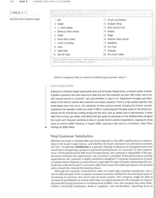124

PART 3

CONNECTING WITH CUSTOMERS

TABLE 5.1
TOp 20 Brands in Customer Loyally

1. Avis

11. Verizon long distance

2. Google

12. KeySpan Energy

3. L.L. Bean catalog

13. Miller Genuine Draft

4. Samsung mobile phones

14. Amazon

5. Yahoo!

15. Target

6. Canon office copiers

16. Motorola mobile phones

7. Land's End catalog

17. BlackBerry

8. Coors

18. Diet Pepsi

9. Hyatt hotels

19. Netscape

1O. Marriott hotels

20. Ritz-Carlton Hotels

SOll/ce: 2006 81;'1111 K~Vs Customel Loyalty Leaums list, as summGrlzeo In leflPdtl Helll, 'Brand Loy~lt" <.;tKNIS TIl£:'I1'~; I~I
Plac" Llh~ f1,,,,w. ' Brail(,ll~'I~~' OcloilBI 23 ?006, p I

Here's a company that is a master at delivering customer value,16

SUPERQUINN

•

Superquinn is Ireland's largest supermarket chain and its founder, Feargal Quinn, is Ireland's master marketer,
A greeter is posted at the store entrance to welcome and help customers and even offer coffee, and to pro­
vide carryout service to customers' cars and umbrellas in case of rain, Department managers post them­
selves in the aisles to interact with customers and answer questions. There is a high-quality salad bar, fresh
bread baked every four hours, and indications of when produce arrived, including the farmers' pictures.
Superquinn also operates a child care center. It offers a loyalty program that gives points for the amount pur­
chased and for discovering anything wrong with the store, such as dented cans or bad tomatoes, A dozen
other firms (a bank, gas station, and others) that give points for purchases at their establishments recognize
the loyalty card, Because everything is done to exceed normal customer expectations, Superquinn stores
enjoy an almost cult/ike following, In August 2006, Superquinn was sold to a consortium, Select Retail
Holdings for $590 million.

Total Customer Satisfaction
Whether the buyer is satisfied after purchase depends on the offer's performance in relation­
ship to the buyer's expectations, and whether the buyer interprets any deviations between
the two,17 In general, satisfaction is a person's feelings of pleasure or disappointment that
result from comparing a product's perceived performance (or outcome) to their expecta­
tions,1O If the performance falls short of expectations, the customer is dissatisfied. If the per­
formance matches the expectations, the customer is satisfied. If the performance exceeds
expectations, the customer is highly satisfied or delighted. 19 Customer assessments of prod­
uct performance depend on many factors, especially the type of loyalty relationship the cus­
tomer has with the brand. 20 Consumers often form more favorable perceptions of a product
with a brand they already feel positive about.
Although the customer-centered firm seeks to create high customer satisfaction, that is
not its ultimate goal. If the company increases customer satisfaction by lowering its price or
increasing its services, the result may be lower profits. The company might be able to
increase its profitability by means other than increased satisfaction (for example, by improv­
ing manufacturing processes or investing more in R&D), Also, the company has many stake­
holders, including employees, dealers, suppliers, and stockholders, Spending more to

 