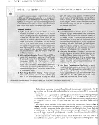 152

PART 3

(~

CONNECilNG WITH CUSTOMERS

MARKETING INSIGHT

I

THE FUTURE OF AMERICAN HYPERCONSUMPTION

As a group, U.S. consumers outspend every other nation's consumers.
In 2005, total U.S. household consumption in the average week
exceeded Finland's gross domestic product for an entire year. Yet ongoing shifts in the makeup of the U.S. consumer base bring questions as
to whether this hyperconsumption will continue to grow. Here are three
trends that may lessen demand and three that may increase it.
Lessening Demand	

2004, fully employed college graduates earned twice as much
as fully employed high-school graduates, on average. As fewer
men go to college, their total spending power will drop.
Compounding the problem is the fact that women with bache­
lor's degrees currently earn 32% less on average than men
with the same qualifications.
Increasing Demand

1.	 Higher Growth in Low-Income Households-Low-income
households are projected to grow througll 2010 for two main
reasons. One, the grovlfth rate of single mothers is projected to
increase, while tile growtll rate of married mothers with children living at home will decrease. Single mothers have a
median annual income of less than $27,000, apprOXimately
one-third of tile median annual income for married couples
with children. Second, the Hispanic population is projected to
grow 14% through 2010, while the non-Hispanic White population will grow 1% in the same time. The average Hispanic
annual household income is $45,900, compared with $65,300
for White non-Hispanics.
2.	 Widening Wealth Disparity-Between 2000 and 2004, the
number of U.S. citizens living in poverty rose 17% to 37 million.
By contrast, the number of very affluent people-with individual
incomes above $90,000-rose 16% in real terms to 11.9 million. It is expected that this gap between rich and poor will continue to widen. Furthermore, as the United States shifts from a
manufacturing- to a knowledge-based economy, wages for
unskilled labor may fall, leading to an increase in the number of
its citizens living in poverty.
3.	 Male College Enrollment Dropping-Among those aged
18-24, U.S. men slightly outnumber women, yet in this group
there are 23% more women enrolled in college than men. In

1. Female Economic Power GroWing-Women are rapidly nar­
rowing the wage gap. Women between 25 and 64 who worked
full time saw their inflation-adjusted income rise an average of
4% betvveen 2000 and 2005, compared with a 3% decline for
men. As a greater percentage of women earn advanced degrees
than their male counterparts, women will also attain a greater
proportion of higll-paying jobs for which these qualifications are
essential. Though they represented only 47% of the workforce in
2005, women held nearly 52% of all professional or managerial
positions and 64% of sales and other white-collar jobs.
2.	 Rise of the Mass Affluent-The superrich are growing, and
spending. The number of households with total spending of more
than $100,000 a year is growing at an annual rate of 7%, compared to total household growth of 1%. As the knowledge-based
economy continues to grow, the mass affluent segment-which
contains many wllite-collar workers and entrepreneurs-vvill
continue to reap the benefits.
3.	 Baby Boomer PopUlation Aging-Baby Boomers, the approximately 76 million U.s. consumers bern between 1946 and 1964,
represent 26% of tile U.S. population and control roughly one-third
of the country's wealth. The average annual income for households
headed by people between the ages of 50 and 59 was $75,000 in
2005. Rather than retire as they get older, many of them will continue to work and, consequently, continue to spend.

:
I
I
I

I

I
I
,
I

--4

Source: Adapted from Peter Francese, "U.S. Consumer-Like No Other on the Planet," Advertising Age, January 2, 2006. p. 3.
-	

I

Multicultural marketing grew out of careful marketing research, which revealed that dif­
ferent ethnic and demographic niches did not always respond favorably to mass-market
advertising.
Companies have capitalized on well-thought-out multicultural marketing strategies
in recent years (see "Marketing Insight: Marketing to Cultural Market Segments"). As
countries become more culturally diverse, however, many marketing campaigns target­
ing a specific cultural target can spill over and positively influence other cultural
groupsS
Virtually all human societies exhibit social stratification, most often in the form of social
classes, relatively homogeneous and enduring divisions in a society, hierarchically ordered
and with members who share similar values, interests, and behavior. One classic depiction
of social classes in the United States defined seven ascending levels, as follows: (1) lower
lowers, (2) upper lowers, (3) working class, (4) middle class, (5) upper middles, (6) lower
uppers, and (7) upper uppers. G
Social classes have several characteristics. First, those within each class tend to be
more alike in dress, speech patterns, and recreational preferences than persons from

 