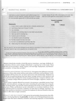 CHAPTER 6

ANALYZING CONSUMER MARKETS

-,-------------------

157

------­

THE AVERAGE U.S. CONSUMER QUIZ

MARKETING MEMO

,---------------..,."...----------------­
Listed below is a series of statements used in attitude surveys of U,S,
consumers, For each statement, estimate what percent of married
U,S, men and women agreed with it in 2005 and write your answer,

a number between 0% and 100%, in the columns to the right. Then
check your results against the correct answers in the footnote:
Percent of consumers
agreeing

Statements

% Men

% Women
----

---

----

1. A store's brand is usually a better buy than a nationally advertised brand,
2. I went fishing at least once in the past 12 montlls,
3. I am a homebody,

----

4. Information from advertising helps me make better buying decisions.
5. I like to pay cash for everything I buy.

---

---

6. Awoman's place is in the home

---

---

7. I am interested in spices and seasonings.

---

----

8. The father should be the boss in the house,
9. You have to use disinfectants to get things really clean,
10. I believe beings from other planets have visited Earth,

---­

-------

------------------------------

Note: Only married U,S. men and women participated and were selected as representative of a broad cross section of U,S, consumers based on a

quota sample, balanced on age, income, geograpllical area, and population density,


'17c-g lS :(866l Jaqlua~ao) g lljJJe8S8/J J8WnSUOJ 10 /ewnor ,,'JawnsuoJ

ue~!JalUf aWI)O suo!u!dO pue SISaJalul aWl oUlplpaJd :MOU)j aM 00 oWM" 'W~OH T ualidalS aas 'zlnb alH )0 S!SIiIBUB pUB uOlle~lIddB OUllSaJalUi ue JO~WOH

A)Jev~ jO Iisa)Jno~ ,"llipnlS alfjS ajll 800 CJOOc aWl uo pasBq aJB sJaqwnu asaWl'%6£=M '0/0 l17=VJ '0 l :%CJ9=M '%179=VJ '6 :O/08Z=N '%6v=t'j '8 :%gL=N

'%89=~~ 'L :O/OOZ=M '%9c=VoJ9 :%LCJ=M '%Lg=~~ 'g :%9CJ=M '%SCJ=11oJ 'v :%89=M '%S9=~~ 'S :%vc=N '%6S=VJ 'c :%Lg=M '%CJCJ=t'j 'L :SJ3MSUIf.


Marketers should also consider critical life events or transitions-marriage, childbirth, ill­
ness, relocation, divorce, career change, widowhood-as giving rise to new needs. These
should alert service providers-banks, lawyers, and marriage, employment, and bereave­
ment counselors-to ways they can help.22

OCCUPATION AND ECONOMIC CIRCUMSTANCES Occupation also influences consump­
tion patterns. A blue-collar worker will buy work clothes, work shoes, and lunchboxes. A com­
pany president will buy dress suits, air travel, and country club memberships. Marketers try
to identify the occupational groups that have above-average interest in their products and
services and even tailor products for certain occupational groups: Computer software com­
panies, for example, design different products for brand managers, engineers, lawyers, and
physicians.
Product choice is greatly affected by economic circumstances: spendable income (level,
stability, and time pattern), savings and assets (including the percentage that is liquid),
debts, borrowing power, and attitudes toward spending and saving. Luxury-goods makers
such as Gucci, Prada, and Burberry can be vulnerable to an economic downturn. If eco­
nomic indicators point to a recession, marketers can take steps to redesign, reposition, and
reprice their products or introduce or increase the emphasis on discount brands so they can
continue to offer value to target customers.
PERSON L1TY AND SElF·CONCE
Each person has personality characteristics that influ­

ence his or her buying behavior. By personality, we mean a set of distinguishing human psy­

chological traits that lead to relatively consistent and enduring responses to environmental


 