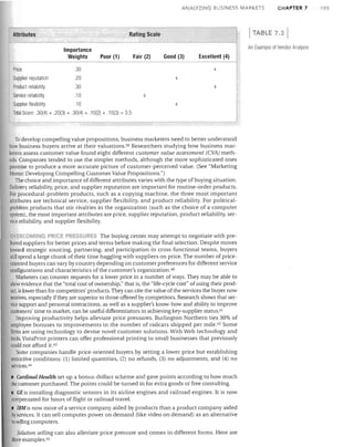 ANALYZING BUSINESS MARKETS

Importance
Weights
Price

ITABLE 7.3

Rating Scale

Attributes

An Example of Vendor Analysis
Poor (1)

Fair (2)

Good (3)

.30

Supplier reputation

.30

Service reliability

.10

Supplier flexibility

10

Excellent (4)
x

20

Product reliability

x
x
x
x

Total Score: .30(4) + .20(3) + .30(4) + .10(2) + .10(3) = 3.5

To develop compelling value propositions, business marketers need to better understand
how business buyers arrive at their valuations. 39 Researchers studying how business marketers assess customer value found eight different customer value assessment (eVA) methods. Companies tended to use the simpler methods, although the more sophisticated ones
promise to produce a more accurate picture of customer-perceived value. (See "Marketing
Memo: Developing Compelling Customer Value Propositions.")
The choice and importance of different attributes varies with the type of buying situation.
Delivery reliability, price, and supplier reputation are important for routine-order products.
For procedural-problem products, such as a copying machine, the three most important
attributes are technical service, supplier flexibility, and product reliability. For politicalproblem products that stir rivalries in the organization (such as the choice of a computer
system), the most important attributes are price, supplier reputation, product reliability, service reliability, and supplier flexibility.
VERCOMING PRICE PRESSURES The buying center may attempt to negotiate with preferred suppliers for better prices and terms before making the final selection. Despite moves
toward strategic sourcing, partnering, and participation in cross-functional teams, buyers
still spend a large chunk of their time haggling with suppliers on price. The number of priceoriented buyers can vary by country depending on customer preferences for different service
configurations and characteristics of the customer's organization.'l0
Marketers can counter requests for a lower price in a number of ways. They may be able to
show evidence that the "total cost of ownership," that is, the "life-cycle cost" of using their product, is lower than for competitors' products. They can cite tlle value of the services the buyer now
receives, especially if they are superior to those offered by competitors. Research shows that service support and personal interactions, as well as a supplier's know-how and ability to improve
customers' time to market, can be useful differentiators in achieving key-supplier status. 41
Improving productivity helps alleviate price pressures. Burlington Northern ties 30% of
employee bonuses to improvements in the number of railcars shipped per mile. 42 Some
firms are using technology to devise novel customer solutions. With Web technology and
tools, VistaPrint printers can offer professional printing to small businesses that previously
could not afford it. 43
Some companies handle price-oriented buyers by setting a lower price but establishing
restrictive conditions: (1) limited quantities, (2) no refunds, (3) no adjustments, and (4) no
services. 44

• Cardinal Health set up a bonus-dollars scheme and gave points according to how much
the customer purchased. The points could be turned in for extra goods or free consulting.

• GE is installing diagnostic sensors in its airline engines and railroad engines. It is now
compensated for hours of flight or railroad travel.
• lBMis now more of a service company aided by products than a product company aided
by services. It can sell computer power on demand (like video on demand) as an alternative
to selling computers.

Solution selling can also alleviate price pressure and comes in different forms. Here are
three examples. 45

CHAPTER 7

195

 