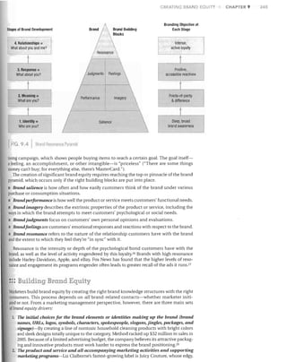 CREATING BRAND EQUITY

Stages of Brand Development

4. Relationships =
What about you and me?

/
/

t
3. Response =
What about you?

!

Brand

/

/



t

/	

Judgments

-t
FI G. 9.4

Positive,
accessible reactions

Feelings

I",,,,,,m,,,,,,

1. Identity =Who are you?

Intense,
active loyalty

Resonance 

t	
2. Meaning =	
What are you?	

Branding Objective at
Each Stage

Brand Building
Blocks

Salience

t

Im,,,~ 

Points-ot-parity
& difference

'

,

Deep, broad
brand awareness

8renel Resollance Pyrarnili

tising campaign, which shows people buying items to reach a certain goal. The goal itself­
a feeling, an accomplishment, or other intangible-is "priceless" ("There are some things
money can't buy; for everything else, there's MasterCard.").
The creation of significant brand equity requires reaching the top or pinnacle of the brand
pyramid, which occurs only if the right building blocks are put into place.

• Brand saliencl}. is how often and how easily customers think of the brand under various
purchase or consumption situations.
•	 Brand performance is how well the product or service meets customers' functional needs.
• Brand imagery describes the extrinsic properties of the product or service, including the
ways in which the brand attempts to meet customers' psychological or social needs.
•	 Brandjudgments focus on customers' own personal opinions and evaluations.
•	 Brandfeelings are customers' emotional responses and reactions with respect to the brand.
• Brand resonance refers to the nature of the relationship customers have with the brand
and the extent to which they feel they're "in sync" "vith it.
Resonance is the intensity or depth of the psychological bond customers have with the
brand, as well as the level of activity engendered by this loyalty.2G Brands with high resonance
include Harley-Davidson, Apple, and eBay. Fox News has found that the higher levels of reso­
nance and engagement its programs engender often leads to greater recall of the ads it runs,27

::: Building Brand Equity
Marketers build brand equity by creating the right brand knowledge structures with the right

consumers. This process depends on all brand-related contacts-whether marketer initi­

aled or not. From a marketing management perspective, however, there are three main sets

of brand equity drivers:

1.	 The initial clwues for the brand elements or identities making up the brand (brand

names, URLs, logos, symbols, characters, spokespeople, slogans, jingles, packages, and
signageJ-By creating a line of nontoxic household cleaning products with bright colors
and sleek designs totally unique to the category, Method racked up $32 million in sales in
2005. Because of a limited advertising budget, the company believes its attractive packag­
ing and innovative products must work harder to express the brand positioning. 28
2.	 The product and service and all accompanying marketing activities and supporting
marketing programs-Liz Claiborne's fastest-growing label is Juicy Couture, whose edgy,

CHAPTER 9

245

 