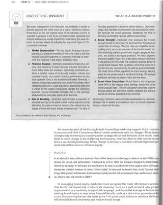~

254

PART 4

BUILDING STRONG BRANDS

w

MARKETING INSIGHT I	
Top brand management finn Interbrand has developed a model to
formally estimate the dollar value of a brand. Interbrand defines
Brand Value as the net present value of the earnings a brand is
expected to generate in the future and believes both marketing and
financial analyses are equally important in determining the value of a
brand. Its process follows tile following five steps (see Figure 97 for
a schematic overview):
1.	 Market Segmentation-The first step in the brand valuation

process is to divide the market(s) in which the brand is sold into
mutually exclusive segments of customers that help to deter­
mine the variances in the brand's economic value.
2.	 Financial Analysis-Interbrand assesses purcllase price, vol­
ume, and frequency to help calculate accurate forecasts of
future brand sales and revenues, Specifically, Interbrand per­
forms a detailed review of the brand's equities, industry and
customer trends, and historic financial performance across
each segment. Once it has established Branded Revenues, it
deducts all associated operating costs to derive earnings before
interest and tax (EBIT). It also deducts the appropriate taxes and
a charge for the capital employed to operate the underlying
business, leaVing Intangible Earnings, that is, the earnings
attributed to the intangible assets of the business.
3.	 Role of Branding-Interbrand next attributes a proportion of
intangible earnings to the brand in each market segment, by first
identifying the various drivers of demand, then determining the
degree to which the brand directly influences each. The Role of
Source: Interbrand, the Interbrand Brand Glossary, and Jeff Svvystun,

WHAT IS A BRAND WORTH?

Branding assessment is based on market research, client work­
shops, and interviews and represents the percentage of intangi­
ble earnings the brand generates. Multiplying the Role of
Branding by Intangible Earnings yields brand earnings.
4.	 Brand Strength-Interbrand then assesses tile brand's
strength profile to determine tile likelihood that the brand will
realize forecast earnings, This step relies on competitive bench­
marking and a structured evaluation of the brand's market, sta­
bility, leadership position, growth trend, support, geographic foot­
print, and ability to be legally protected, For each segment,
Interbrand applies industry and brand equity metrics to determine
a risk premium for the brand. The company's analysts derive the
overall Brand Discount Rate by adding a brand-risk premium to
the risk-free rate, represented by the yield on government bonds,
The Brand Discount Rate, applied to the brand earnings forecast,
yields the net present value of the Brand Earnings. The stronger
the brand, the lower the discount rate, and vice versa.
5.	 Brand Value Calculation-Brand Value is the net present
value (NPV) of the forecast Brand Earnings, discounted by the
Brand Discount Rate. The NPV calculation comprises both the
forecast period and the period beyond, reflecting the ability of
brands to continue generating future earnings.
Increasingly, Interbrand uses brand value assessments as a dynamic,
strategic tool to identify and maximize return on brand investment
across a whole host of areas.

---I

An important part of reinforcing brands is providing marketing support that's consistent
in amount and kind. Consistency doesn't mean uniformity with no changes: Many tactical
changes may be necessary to maintain the strategic thrust and direction ofthe brand. Unless
there is some change in the marketing environment, however, there is little need to deviate
from a successful positioning. When change is necessary, marketers should vigorously pre·
serve and defend sources of brand equity.

VOLVO

•

In an attempt to woo a different audience, Volvo drifted away from its heritage of safety in the late 1990s to push
driving fun, speed, and performance. Purchased by Ford in 1999, the company dropped its ReVOLVOlution­
themed ad campaign for the brand and went back to its roots in an attempt to revive sagging sales. Volvo's posi­
tioning was updated, however, to convey "active safety" to transcend the brand's boxy, sturdy "passive safety'
image. With product introductions that maximized safety but that still encompassed style, performance, and lux·
ury, Volvo's sales set records in 2003. 55
In managing brand equity, marketers must recognize the trade-offs between activities
that fortify the brand and reinforce its meaning, such as a well-received new product
improvement or a creatively designed ad campaign, and those that leverage or borrow from
existing brand equity to reap some financial benefit, such as a short-term promotional dis·
count that just emphasizes the lower price. 56 At some point, failure to reinforce the brand
will diminish brand awareness and weaken brand image.

 