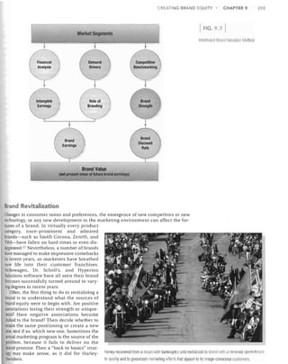 CREATING BRAND EQUITY

CHAPTER 9

255

FIG. 9 7

Market Segments
Interbral1d Brand Valuation Method

~

~.

Financial
Analysis

Demand

Drivers


~

(

~


(::


/-~

Role of
Branding

Earnings

Brand""")

Earnings _


Brand Value

(net present vallie of future brand earnings)


Brand Revitalization
Changes in consumer tastes and preferences, the emergence of new competitors or new
technology, or any new development in the marketing environment can affect the for­
tunes of a brand. In virtually every product
category, once-prominent and admired
brands-such as Smith Corona, Zenith, and
TWA-have fallen on hard times or even dis­
appeared. 57 Nevertheless, a number of brands
b.ave managed to make impressive comebacks
in recent years, as marketers have breathed
new life into their customer franchises.
Volkswagen, Dr. Scholl's, and Hyperion
Solutions software have all seen their brand
fortunes successfully turned around to vary­
ing degrees in recent years.
Often, the first thing to do in revitalizing a
brand is to understand what the sources of
brand equity were to begin with. Are positive
associations losing their strength or unique­
ness? Have negative associations become
linked to the brand? Then decide whether to
retain the same positioning or create a new
one, and if so, which new one. Sometimes the
actual marketing program is the source of the
problem, because it fails to deliver on the
brand promise. Then a "back to basics" strat­
egy may make sense, as it did for Harley­ 
 Harley recovered from allrush wilil bankruptcy flild revitalized its !lr::lnd with arenewed commitment
Davidson.
to quality and to grassroots marketing efforts that appeal to its image-conscious customers,


 