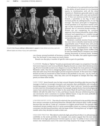 262

PART 4

BUILDING STRONG BRANDS

The hallmark of an optimal brand portfolio
is the ability of each brand in it to maximize
equity in combination with all the other
brands in it. Marketers generally need to trade
off market coverage with costs and profitabil­
ity. If they can increase profits by dropping
brands, a portfolio is too big; if they can
increase profits by adding brands, it's not big
enough. The basic principle in designing a
brand portfolio is to maximize market cover­
age, so that no potential customers are being
ignored, but to minimize brand overlap, so
brands are not competing for customer
approval. Each brand should be clearly differ­
entiated and appealing to a sizable enough
marketing segment to justify its marketing
and production costS. 85
Marketers carefully monitor brand portfo­
lios over time to identify weak brands and kill
unprofitable ones. 8G Brand lines with poorly
differentiated brands are likely to be character­
ized by much cannibalization and require
Arnlani's line of. luxury clothing is differentiated to appeal to Ihme dis11nct nrlce tiers, each wilh
pruning. 8 ? Kellogg's Eggo frozen waffles come
different styles and levels of luxury and cListomization.
in over two dozen flavors. Investors can choose
among thousands of mutual funds. Students
can choose among hundreds of business schools. For the seller, this spells hypercompeti­
tion. For the buyer, it may mean too much choice.
Brands can also playa number of specific roles as part of a portfolio.

LANKERS Flanker or "fighter" brands are positioned with respect to competitors' brands so
that more important (and more profitable) flagship brands can retain their desired position­
ing. Procter & Gamble markets Luvs diapers in a way that flanks the more premium Pampers.
Marketers walk a fine line in designing fighter brands, which must not be so attractive thilt
they take sales away from their higher-priced comparison brands. At the same time, iffightet
brands are seen as connected to other brands in the portfolio in any way-say, by virtue of a
common branding strategy-then they also can't be designed so cheaply that they reflect
poorly on these other brands.
("ISH COWS Some brands may be kept around despite dwindling sales because they still
manage to hold on to enough customers and maintain their profitability with virtually no
marketing support. Companies can effectively "milk" these "cash cow" brands by capitalizing
on their reservoir of existing brand equity. For example, despite the fact that technological ad­
vances have moved much of its market to the newer Mach III and Fusion brands of razors,
Gillette still sells the older Trac II, Atra, and Sensor brands. Because withdrawing them mal'
not necessarily move customers to another Gillette brand, it may be more profitable for
Gillette to keep them in its brand ponfolio for razor blades.
LOW·END ENTRY LEVEL The role of a relatively low-priced brand in the portfolio often mal'
be to attract customers to the brand franchise. Retailers like to feature these "traffic builders'
because they are able to "trade up" customers to a higher-priced brand. For example, BMW
introduced certain models into its 3-series automobiles in pan as a means of bringing llew
customers into the brand franchise, with the hope of later "moving them up" to higher-priced
models when they decided to trade in their cars.
iICH· END PRES fluE The role of a relatively high-priced brand often is to add prestige and
credibility to the entire portfolio. For example, one analyst argued that the real value to
Chevrolet of its high-performance Corvette sports car was "its ability to lure curious cus'
tomers into showrooms and at the same time help improve the image of other Chevrolet

 