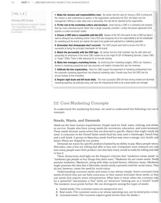 12

PART 1

UNDERSTANDING MARKETlrlG MANAGEMEN

FIG. 1,3
Improvlll[1 CMO Success
S,III/l:i"I~'lll MC;;C1,'el I "rod Jorrr A OliellJI
'Tim Tall ;j11' I [lis~ d !Ill_ CMO ..

:;;i,llt!gv,ffil.','·I//I~.','

liy 1"1.; I r ,$~I(ln

V,'nial 20ll-l. RelJIIPkd

1. Make the mission and responsibilities clear. Be certain that the case for having a CMO is strong and
.the mission is well understood by leaders in the organization, particularly the CEO, the board, and line
management Without a clear need (real or perceived), the role will be rejected by the organization,
2. Fit the role to the marketing culture and structure. Avoid having a CMO in a marketing-led company

that has many individual brands rather than a single corporate umbrella-unless the person appointed to the

position is a well-connected insider,

3. Choose a CMO who is compatible with the CEO. Beware of the CEO who wants to hire aCMO but doesn't

want to relinquish any marketing control. Find a CEO who recognizes his or her responsibility to be the cheerleader

for marketing and the brand, but realizes the need to be guided and coached by a marketing specialist.


4. Remember that showpeople don't succeed. The CMO should work hard to ensure the CEO is

successful at being the principal cheerleader for the brand


5. Match the personality with the CMO type. Be certain that the chief marketer has the right skills and

personality for whichever of the three CMO models he or she might fill (VP of Marketing Services, Classic CMO,

or "Super" CMO) There is little tolerance for on-the-job training,

6. Make line managers marketing heroes. By stretching their marketing budgets, CMOs can improve a

division's marketing productivity and help business unit leaders increase their top-line revenues,

7. Infiltrate the line organization. Have the CMO support the placement of marketing professionals from

the corporate marketing department into divisional marketing roles, Provide input from the CMO into the

annual reviews of line marketers.


8. Require right-brain and left-brain skills. The most successful CMO will have strong creative and technical

marketing expertise, be politically savvy, and have the interpersonal skills to be a great leader and manager,


: :: Core Marketing Concepts
To understand the marketing function, we need to understand the following core set of
concepts.

Needs, Wants, and Demands
Needs are the basic human requirements. People need air, food, water, clothing, and shelter
to survive. People also have strong needs for recreation, education, and entertainment.
These needs become wants when they are directed to specific objects that might satisfy the
need. A consumer in the United States needs food but may want a hamburger, french fries,
and a soft drink. A person in Mauritius needs food but may want a mango, rice, lentils, and
beans. Wants are shaped by our society.
Demands are wants for specific products backed by an ability to pay. Many people want a
Mercedes; only a few are Willing and able to buy one. Companies must measure not only
how many people want their product, but also how many would actually be willing and able
to buy it.
These distinctions shed light on the frequent criticism that "marketers create needs" or
"marketers get people to buy things they don't want." Marketers do not create needs: Needs
preexist marketers. Marketers, along with other societal factors, influence wants. Marketers
might promote the idea that a Mercedes would satisfy a person's need for social status. They
do not, however, create the need for social status.
Understanding customer needs and wants is not always simple. Some customers have
needs of which they are not fully conscious, or they cannot articulate these needs, or they
use words that require some interpretation. What does it mean when the customer asks
for a "powerful" lawnmower, a "fast" lathe, an "attractive" bathing suit, or a "restful" hotel?
The marketer must probe furtheL We can distinguish among five types of needs:
1. Stated needs (The customer wants an inexpensive caL)
2. Real needs (The customer wants a car whose operating cost, not its initial price, is low.)
3. Unstated needs (The customer expects good service from the dealeL)

 