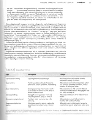 DEFINING MARKETING FOR THE 21ST CENTURY

CHAPTER 1

We see a fundamental change in the way consumers buy their products and
services.... Consumers now commonly engage in a cultural audit of providers.
People want to know your value and ethics demonstrated by how you treat employ­
ees, the community in which you operate. The implication for marketers is to strike
the balance between profitability and social consciousness and sensitivity.... It is
not a program or a quarterly promotion, but rather a way of life. You have to inte­
grate this level of social responsibility into your operation.
This realization caJis for a new term that enlarges the marketing concept. We propose
calling it the "societal marketing concept." The societal marketing concept holds that the
organization's task is to determine the needs, wants, and interests of target markets and
to deliver the desired satisfactions more effectively and efficiently than competitors in a
way that preserves or enhances the consumer's and society's long-term well-being.
Sustainability has become a major corporate concern in the face of challenging environ­
mental forces. Firms such as Hewlett-Packard have introduced recyclable computers
and printers and reduced greenhouse emissions; McDonald's strives for a "socially
responsible supply system" encompassing everything from healthy fisheries to
redesigned packaging. 55
The societal marketing concept calls upon marketers to build social and ethical con­
siderations into their marketing practices. They must balance and juggle the often con­
flicting criteria of company profits, consumer want satisfaction, and public interest.
Table 1.2 displays some different types of corporate social initiatives, illustrated by
McDonald's.56
As goods become more commoditized, and as consumers grow more socially conscious,
some companies-including the Body Shop, Timberland, and Patagonia-are adding social
responsibility as a way to differentiate themselves from competitors, build consumer prefer­
ence, and achieve notable sales and profit gains. They believe customers will increasingly
look for signs of good corporate citizenship.

ITAB LE 1.2 I

Corporate Social Initiatives

Type

Description

Example

Corporate social marketing

Supporting behavior change campaigns

McDonald's promotion of a statewide childhood
immunization campaign in Oklahoma

Cause marketing

Promoting social issues through efforts such as
sponsorships, licensing agreements, and advertising

McDonald's sponsorship of Forest (a gonlla) at Sydney's
Zoo-a 1O-year sponsorship commitment, aimed at
preserving this endangered species

Cause-related marketing

Donating a percentage of revenues to a specific
cause based on the revenue occurring during the
announced period of support

McDonald's earmarking of $1 for Ronald McDonald
Children's Charities from the sale of every Big Mac and
pizza sold on McHappy Day

Corporate philanthropy

Making gifts of money, goods, or time to help
nonprofit organizations, groups, or individuals

McDonald's contributions to Ronald McDonald House
Charities

Corporate community involvement

Providing in-kind or volunteer services in the
community

McDonald's catering meals for firefighters in the
December 1997 bushfires in Australia

Socially responsible business
practices

Adapting and conducting business practices that
protect the environment and human and animal
rights

McDonald's requirement that suppliers increase the
amount of living space for laying hens on factory farms

d.,'

$(JUice Philip Koller and N:1I1CV Lee, (,'orromte
Res.onnsib1il/f. [J, lilll) Ihf' Most GOOI! (or t(lU( C<ilflfJ3I1Y [Wi Yuw Cause (Hoboken, NJ: Wiley, 2004). Copyriglll © 2005 Ily
Philip Koller and Nancy Lei' lJ~p.d bv pr./I i~sl()n ,If lo!m Wl10y & Sen:i, Inr
'

27

 