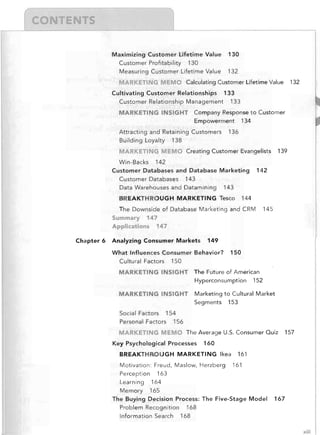 Maximizing Customer Lifetime Value

130

130

Customer Profitability

132

Measuring Customer Lifetime Value

ARKETI G MEMO Calculating Customer Lifetime Value
Cultivating Customer Relationships

132

133

133

Customer Relationship Management

MARKETING INSIGHT Company Response to Customer
Empowerment 134
136

Attracting and Retaining Customers
Building Loyalty

138

MA KETI G MEMO Creating Customer Evangelists
142

Win-Backs

Customer Databases and Database Marketing

142

143

Customer Databases

Data Warehouses and Datamining

143

BREAKTHROUGH MARKETING Tesco

144

The Downside of Database Marketing and CRM

Summary

139

145

147
147

Applications
Chapter 6

Analyzing Consumer Markets

149

What Influences Consumer Behavior?
Cultura! Factors

150

150

MARKETING INSIGHT The Future of American
Hyperconsumption 152
MARKETING INSIGHT

Marketing to Cultural Market
Segments

153

154
Personal Factors 156

Social Factors

MARKETING MEMO The Average U.s. Consumer Quiz
Key Psychological Processes

160

BREAKTHROUGH MARKETING Ikea
Motivation: Freud, Maslow, Herzberg
Perception

157

161
161

163

Learning

164

Memory

165

The Buying Decision Process: The Five-Stage Model
Problem Reco9nition
Information Search

167

168
168
xlii

 