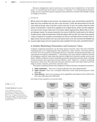 38

PART 1

UNDERSTANDING MARKETING MANAGEMENT

Business realignment may be necessary to maximize core competencies. It has three
steps: (1) (re)defining the business concept or "big idea"; (2) (re)shaping the business
scope; and (3) (re)positioning the company's brand identity. Consider what Kodak is doing
to realign its business:
KODAK

•

With the advent of the digital era and consumers' new capacity to store, share, and print photos using their PCs,
Kodak faces more competition than ever, both in-store and online. In 2004, after being bumped from the Dow
Jones Industrial Average, where it had held a spot for more than 70 years, the company started the painful
process of transformation. It started off by expanding its line of digital cameras, printers, and other equipment,
and it also set out to increase market share in the lucrative medical imaging business. Making shifts is not with­
out challenges,however. The company announced in the summer of 2006 that it would outsource the making of
its digital cameras. Kodak eliminated almost 30,000 jobs between 2004 and 2007 and it spent money acquiring
a string of companies for its graphics communications unit. Not only must Kodak convince consumers to buy its
digital cameras and home printers, but it also must become known as the most convenient and affordable way
to process digital images. So far, the company faces steep competition from Sony, Canon, and Hewlett-Packard. 14

A Holistic Marketing Orientation and Customer Value
A holistic marketing orientation can also help capture customer value. One view of holistic
marketing sees it as "integrating the value exploration, value creation, and value delivery
activities with the purpose of building long-term, mutually satisfying relationships and
coprosperity among key stakeholders."15 According to this view, holistic marketers succeed
by managing a superior value chain that delivers a high level of product quality, service, and
speed. Holistic marketers achieve profitable growth by expanding customer share, building
customer loyalty, and capturing customer lifetime value. Figure 2.1, a holistic marketing
framework, shows how the interaction between relevant actors and value-based activities
helps to create, maintain, and renew customer value.
The holistic marketing framework is designed to address three key management questions:
1.	 Value exploration-How can a company identify new value opportunities?
2.	 Value creation-How can a company efficiently create more promising new value

offerings?
3.	 Value delivery-----How can a company use its capabilities and infrastructure to deliver the

new value offerings more efficiently?
Let's look at how marketers can answer them.

I FIG. 2.1 I

Collaborative
Network

A Holistic Marketing Framework
$oilieR P. Koller. DC. J~iJl, anti
S. Maesincea "Formulaliflg a Malkel

Renewal Strategy." in M"rkoting Moves
(f'alt 1) Fig. H (Ba~[on: IlarvallJ Business
School Press, 2002), p. 29. Callyriolll © 200?
hv President ami Fellows of HarvArd Collene.
All righls raSAI ved

Value
Exploration

Cognitive
space

Competency
space

Resource
space

t
Value
Creation

)'

Customer
benefits	



Customer
relationship
management

•

•

Business
domain

Business
partners

..

•

Internal
resource
management

Business
partner
management

t
Value



DeIiVe:._~

 