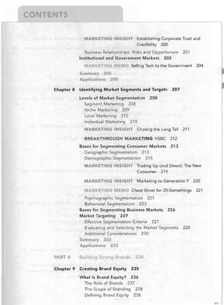MARKETING INSIGHT

Establishing Corporate Trust and

Credibility 200


Business Relationships: Risks and Opportunism
Institutional and Government Markets 202


201


A KETt G MEMO Selling Tech to the Government

204


Summary 205

Applications 205

Chapter 8

Identifying Market Segments and Targets
Levels of Market Segmentation
Segment Marketing 208

lIiche Marketing 209

Local Marketing 210

Individual Marketing 210


207


208


MARKETING INSIGHT Chasing the Long Tall
BREAKTHROUGH MARKETING HSBC

212


Bases for Segmenting Consumer Markets
Geographic Segmentation 213

Demographic Segmentation 215


211


213


MARKETING INSIGHT Trading Up (and Down): The New

Consumer 219

MARKETING INSIGHT Marketing to Generation Y 220

MARKETING M MO Cheat Sheet for 20-Somethin'gs
Psychographic Segmentation 221

Behavioral Segmentation 223

Bases for Segmenting Business Markets 226

Market Targeting 227

Effective Segmentation Criteria 227

Evaluating and Selecting the Market Segments
Additional Considerations 230

Summary 232

Applications 233


PART 4

Building Strong Brands

Chapter 9

Creating Brand Equity

221


228


234

235


What Is Brand Equity? 236

The Role of Brands 237

The Scope of Branding 238

Defining Brand Equity 238

xv

 