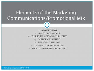 Elements of the Marketing 
Communications/Promotional Mix 
1) ADVERTISING 
2) SALES PROMOTION 
3) PUBLIC RELATIONS & PUBLI...